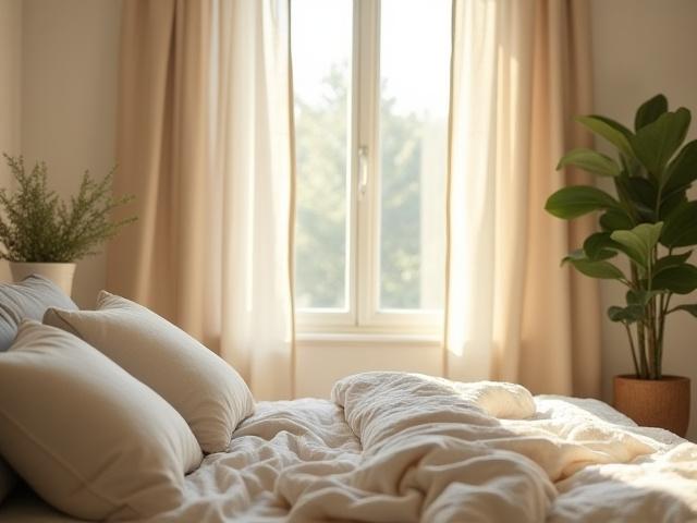 Fredfullt soverom med nøytrale farger og naturlig lys, et prosjekt av Kvitre Rom